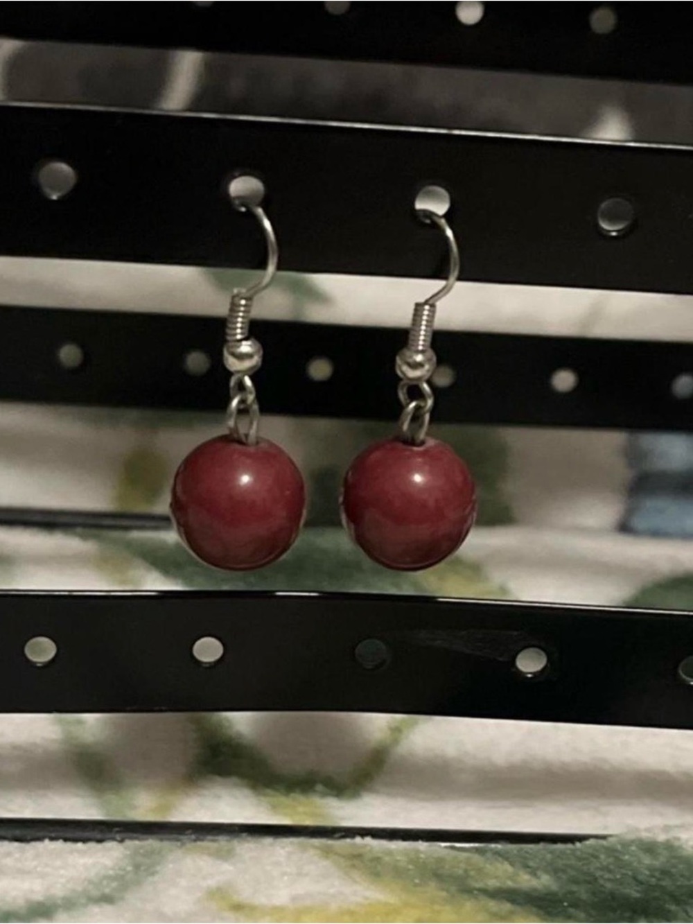 Classic Red Bead Drop Earrings with Silver Hooks